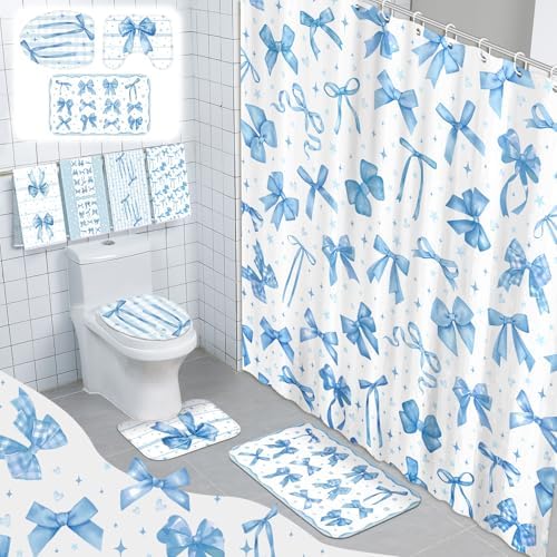 FuWeave 8 Pcs Blue Shower Curtain Set Coquette Blue Bathroom Decor Aesthetic Bow Knot Waterproof Shower Curtain Towels Non Slip Rug Toilet Lid Cover Bath Mat with 12 Hooks for Women Home Bath