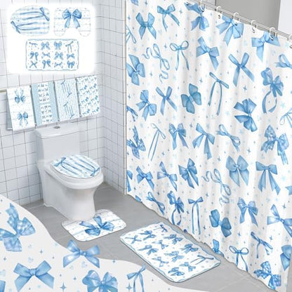 FuWeave 8 Pcs Blue Shower Curtain Set Coquette Blue Bathroom Decor Aesthetic Bow Knot Waterproof Shower Curtain Towels Non Slip Rug Toilet Lid Cover Bath Mat with 12 Hooks for Women Home Bath
