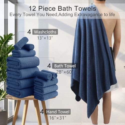 Hailea Luxury Bath Towels Set - 12 Piece (4 Large Bath Towels,4 Hand Towels,4 Washcloths), 100% Microfiber,Extra Absorbent Super Soft & Quick Dry,Complete Family Pack for Bathroom Gym Pool,Navy