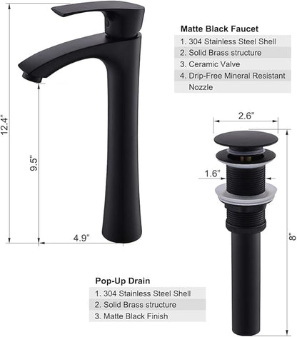 16x13 Matte Black Vessel Sink With Faucet and Drain Combo - Oval Porcelain Ceramic Above Counter Bathroom Sink