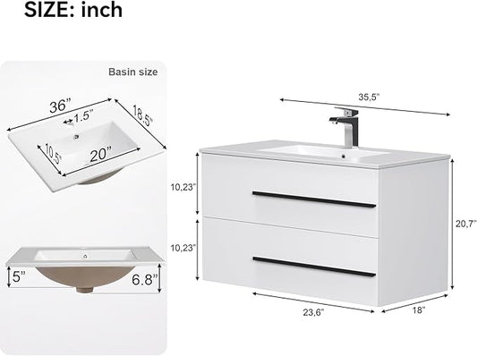 36 inch Floating Bathroom Vanity with Sink, Space Saving Fluted Design for Small Bathrooms, Soft Closing Drawers & Black Handles White