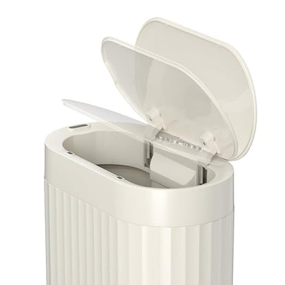 MRBIN Small Trash Can for Bathroom, Automatic Touch Less Garbage Bin with Lid, 2 Gallon Plastic Slim Waste Basket for Office and Kitchen, Electric Motion Sensor Bedroom Bin, Cream White
