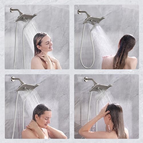 BRIGHT SHOWERS High Pressure Shower Head Combo with Two Spray Setting Fixed Shower Head and Two Spray Settings Handheld Shower Head with Grey Face, Brushed Nickel (Pack of 2)