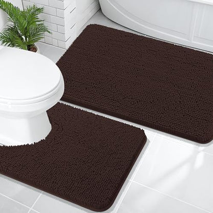 OLANLY Chenille Bathroom Rugs Mats Sets 2 Piece, 36"x24"+24"x20", Brown
