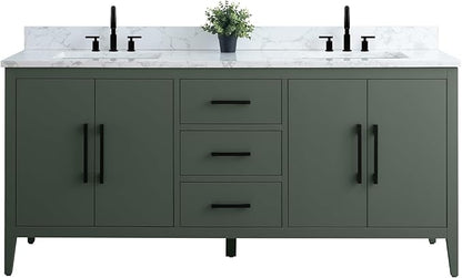 HomeBeyond 72 Inch Bathroom Vanity with Sink & Ceramic Top, Double Vanity Cabinet with Basin, Soft-Closing Doors & Matte Black Hardware, Vintage Green