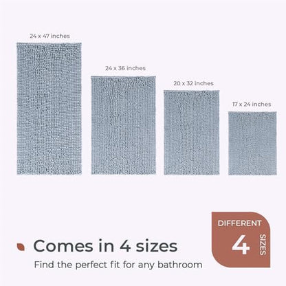 FRESHMINT Chenille Bathroom Rugs Non-Slip Bath Mat 32"x20", Washable Soft Shower Mat, for Bathroom Floor & Tub Fluffy Shag Bath Rugs, Durable Thick Water Absorbent Microfiber Shower Rugs, Sky Gray