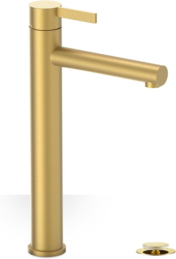 Brushed Gold One Hole High Bathroom Vessel Sink Faucet, Single Hole Single Handle Tall Bathroom Faucet, with Pop Up Drain and Water Supply Line,FH01-BG-V
