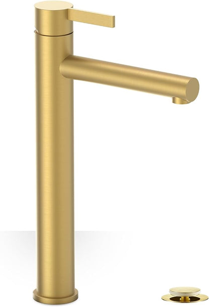 Brushed Gold One Hole High Bathroom Vessel Sink Faucet, Single Hole Single Handle Tall Bathroom Faucet, with Pop Up Drain and Water Supply Line,FH01-BG-V