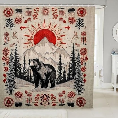 Lodge Cabin Bear Shower Curtain for Bathroom Decor Country Rustic Bath Curtain for Stalls Bathtubs Western Boho Bathroom Accessories Botanical Floral Waterproof Polyester Fabric with 12 Hooks 72"x78"
