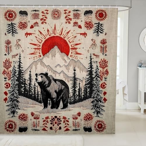 Lodge Cabin Bear Shower Curtain for Bathroom Decor Country Rustic Bath Curtain for Stalls Bathtubs Western Boho Bathroom Accessories Botanical Floral Waterproof Polyester Fabric with 12 Hooks 72"x84"