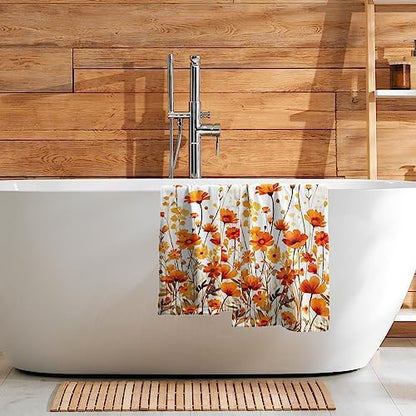 Fall Floral Hand Towels Set of 2, 28 x 14 Inch Autumn Orange Wildflowers Leaves Plant Bathroom Towel Soft Absorbent Kitchen Hotel Spa Gym Towel Thanksgiving Decor Gifts