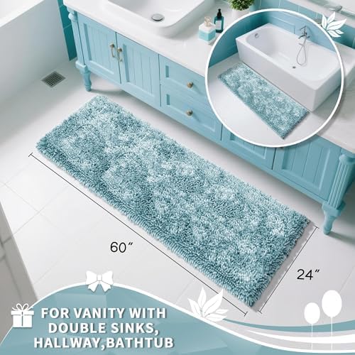 Yimobra Long Bathroom Rugs Runner 60x24 Inch, Extra Thick Soft Absorbent Chenille Bath Mat, Non Slip Machine Washable, Quick Dry Bath Rugs for Bathroom Floor, Tub and Shower, Greyish Blue