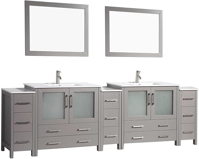 Vanity Art 108 Inch Under Mount Double Sink Bathroom Vanity Cabinet with 2 Mirrors, Ceramic Top Bathroom Cabinet Compact Set with 13 Dovetail Storage Drawers and Brushed Nickel Handles, VA3036-108-G