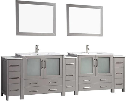 Vanity Art 108 Inch Under Mount Double Sink Bathroom Vanity Cabinet with 2 Mirrors, Ceramic Top Bathroom Cabinet Compact Set with 13 Dovetail Storage Drawers and Brushed Nickel Handles, VA3036-108-G
