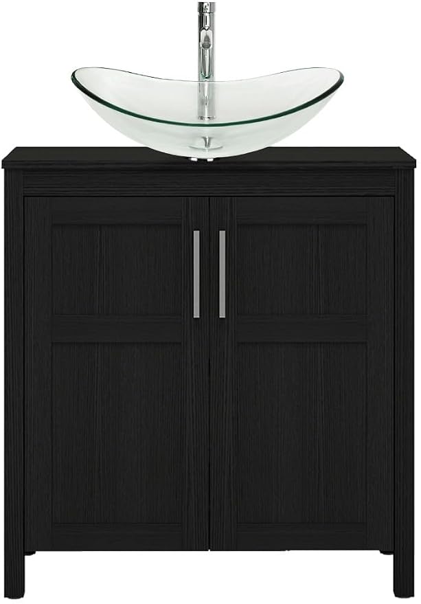 YOURLITE 30 Inches Traditional Bathroom Vanity Set with Single Faucet Hole, Clear Boat Glass Sink, Black Finish, 2-Door Cabinet