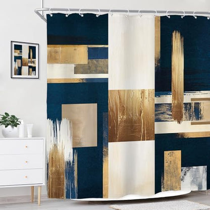 Riyidecor Navy Blue Gold Abstract Shower Curtain for Bathroom Decor 72Wx72H Boho Beige Oil Painting Modern Neutral Aesthetic Artistic Art Printed Fabric Polyester Waterproof 12 Pack Plastic Hooks