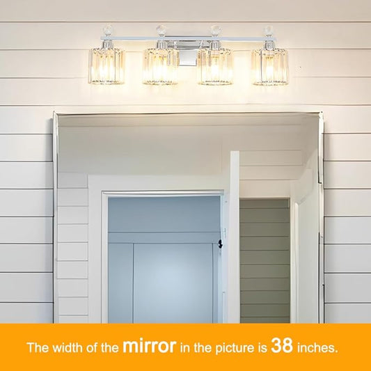 Modern Crystal Bathroom Vanity Light 4-Lights, Chrome Vanity Lights for Bath, Crystal Bathroom Wall Fixture Over Mirror, Wall Sconces Lighting with Clear Glass Shade for Bedroom, Living Room