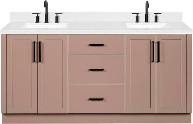 ARIEL Loren 72-inch Bathroom Vanity with Sink,Solid Wood, 1.5-inch Carrara White Quartz Countertop, Double Rectangular Porcelain Sink, 4 Soft Closing Doors, 3 Dovetail Drawers, Mocha