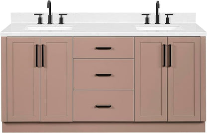 ARIEL Loren 72-inch Bathroom Vanity with Sink,Solid Wood, 1.5-inch Carrara White Quartz Countertop, Double Rectangular Porcelain Sink, 4 Soft Closing Doors, 3 Dovetail Drawers, Mocha