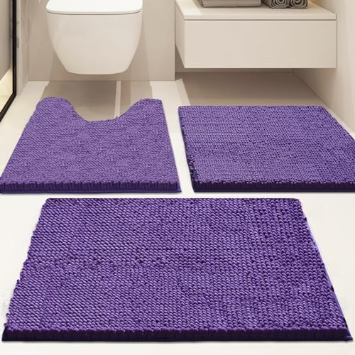 Bathroom Rugs Sets 3 Piece Non Slip,Bath Rugs with PVC Backing Bath Carpet,Bathroom Rug Washable,Absorbent,Plush Carpet Mats,Bath Mats for Bedroom, Kitchen,Tub,Home Decor (Purple)