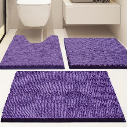 Bathroom Rugs Sets 3 Piece Non Slip,Bath Rugs with PVC Backing Bath Carpet,Bathroom Rug Washable,Absorbent,Plush Carpet Mats,Bath Mats for Bedroom, Kitchen,Tub,Home Decor (Purple)