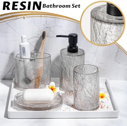 RQYIXI Resin 4-Piece Bathroom Accessories Set, Silver Crackle, Shatterproof