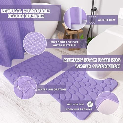 XLHOMO Bathroom Accessories Set - 25PC Bathroom Sets with Shower Curtain and Rugs, Purple Bathroom Set with Trash Can, Soap Dispenser, Soap Dish & Toilet Brush