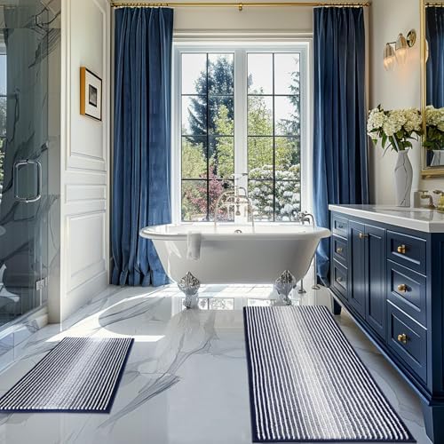 BSICPRO Bathroom Rugs Sets 2 Piece, Non Slip Striped Bath Mats, Navy