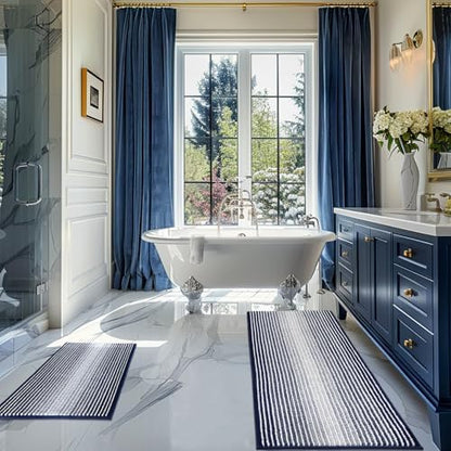 BSICPRO Bathroom Rugs Sets 2 Piece, Non Slip Striped Bath Mats, Navy