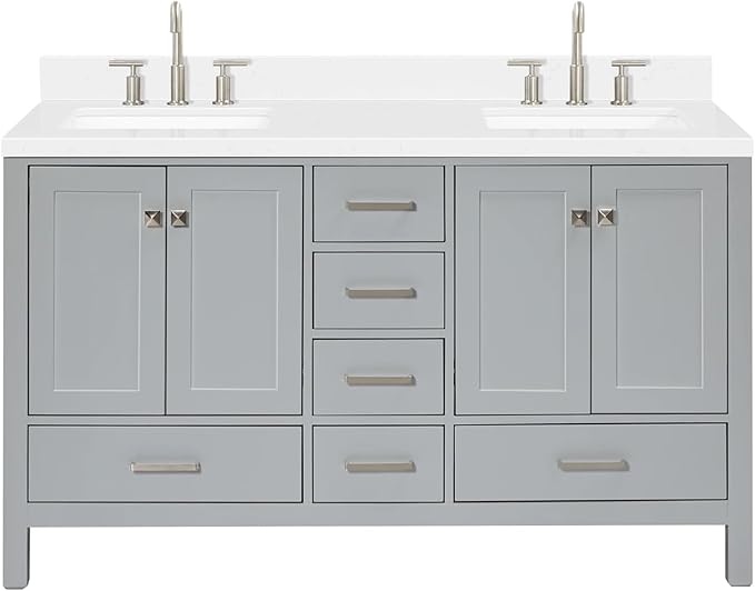 ARIEL Cambridge 60-inch Bathroom Vanity with Sink,Solid Wood, 1.5-inch Carrara White Quartz Countertop, Double Rectangular Porcelain Sink, 4 Soft Closing Doors, 6 Dovetail Drawers, Grey