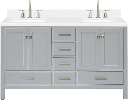 ARIEL Cambridge 60-inch Bathroom Vanity with Sink,Solid Wood, 1.5-inch Carrara White Quartz Countertop, Double Rectangular Porcelain Sink, 4 Soft Closing Doors, 6 Dovetail Drawers, Grey