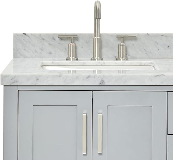 ARIEL Magnolia 60-inch Bathroom Vanity with Sink,Solid Wood, 1.5-inch Italian Carrara Marble Countertop, Double Rectangular Porcelain Sink, 4 Soft Closing Doors, 3 Dovetail Drawers, Grey