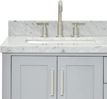 ARIEL Magnolia 60-inch Bathroom Vanity with Sink,Solid Wood, 1.5-inch Italian Carrara Marble Countertop, Double Rectangular Porcelain Sink, 4 Soft Closing Doors, 3 Dovetail Drawers, Grey