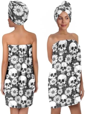 Gothic Bath Wrap Set with Hair Turban, Black White Skull Daisy Pattern, Spa Towel Wrap
