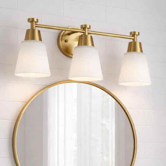 3-Light Bathroom Vanity Light, Gold Finish with Milk Glass Shades, Over Mirror, for Bathroom Vanity