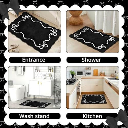 Mocsicka Black Bow Bath Mat Cute Bow Bathroom Rug Super Soft Absorbent Bathroom Rugs Non Slip Bath Mat Machine Washable Rug for Bathrooms 20x32 inches (Black, 50x80cm)