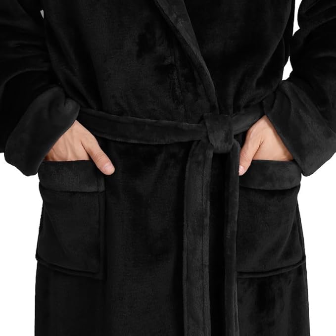 Yurhap Luxury Mens Robe with Hood, Ultra Cozy Fleece Bathrobe for Men, Plush Hooded Robe with Belt & 2 Pockets