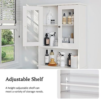 Over The Toilet Storage Cabinet for Bathroom, White Storage Organizer Over Toilet, Space Saver with Tempered Glass Doors, White