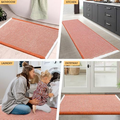 IM HOME Waffle Bath Mat Set 2 Piece Orange & Cream,Woven Modern Bath Rug Mats, Absorbent Non Slip Bath Floor Mat, Soft Washable Boho Bath Rugs with Tassels for Bathroom, Bedroom, Kitchen,Tub