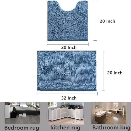 Bathroom Rugs Chenille, Extra Thick and Absorbent, Non-Slip, Machine Washable, Dry Quckily, Soft Cozy Plush, Used Under Shower Bathtub and Sink, Bath mat Sets Fog Blue