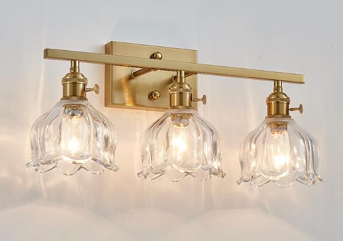3-Light Vintage Bathroom Vanity Light, 19.4" Brass Hardwired Wall Sconce with Amber Tulip Glass Shades, Brushed Gold Vanity Light for Mirror, Restroom, Bedroom (Clear, 3-Light)