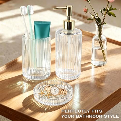 Clear Glass Bathroom Accessories Set,Soap Dispenser,Toothbrush Holder,Tray