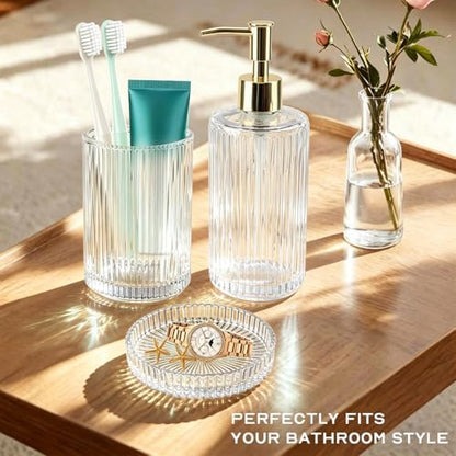 Clear Glass Bathroom Accessories Set,Soap Dispenser,Toothbrush Holder,Tray