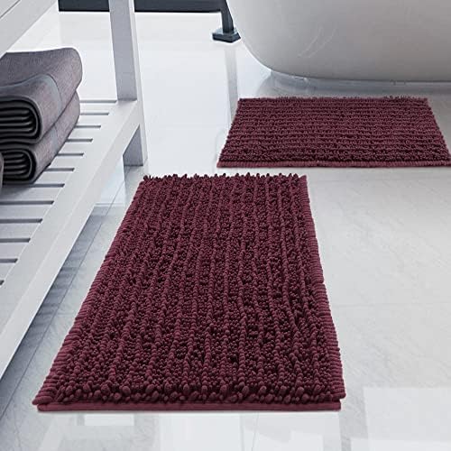 Luxury Chenille Burgundy Bathroom Rugs Sets 2 Piece, Thickened Hot Melt Rubber Bottom Bath Mats for Bathroom Non Slip,Bath Rugs Quick Dry Machine Washable for Shower Mat (32"x20"+17"x24")