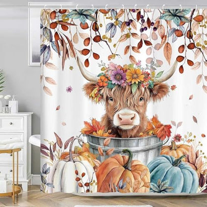 Fall Pumpkin Highland Cow Shower Curtain, Thanksgiving Autumn Farmhouse Animal Harvest Seasonal Decor Bathroom Curtains, Waterproof Fabric Polyester with Hooks, 72x72 Inch