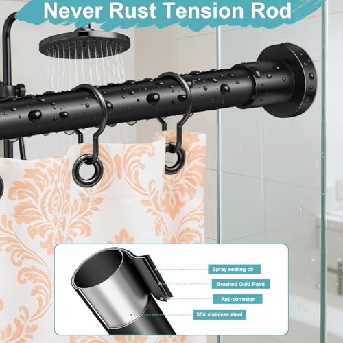 YNL Black Shower Curtain Rod 32-94 Inch(2.7-7.8ft), Non-Slip, Never Rust, Stainless Steel No Drill Spring Tension Shower Rod, Adjustable Long Curtain Rod for Bathroom Window Patio