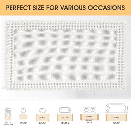 Upgrade Waffle Bath Mat, Boho Bathroom Rugs Absorbent Non Slip, Ultra Soft Bathroom Mat, Machine Washable Knit Bath Rugs with Border for Bathroom, Bedroom, Kitchen, Shower, Tub, 36"x24", White