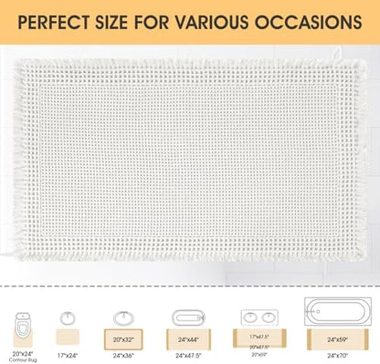 Upgrade Waffle Bath Mat, Boho Bathroom Rugs Absorbent Non Slip, Ultra Soft Bathroom Mat, Machine Washable Knit Bath Rugs with Border for Bathroom, Bedroom, Kitchen, Shower, Tub, 36"x24", White