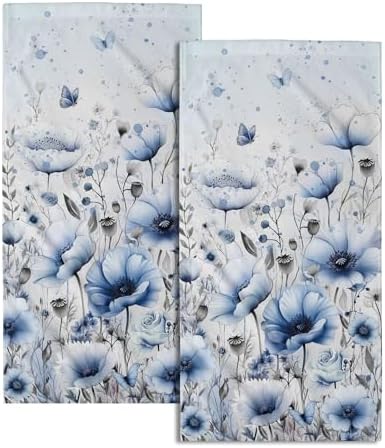 Watercolor Flowers Hand Towels, 14x28 Inch Blue Poppy Floral Butterflies Absorbent Soft Dish Cleaning Wash Cloth Tea Towels for Kitchen Bar Bathroom Spring Summer Home Decor