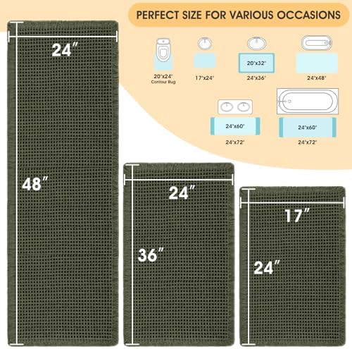 IM HOME Waffle Bath Mat Set Dark Green 3 Piece,Woven Modern Bath Rug Mats, Absorbent Non Slip Bath Floor Mat, Soft Washable Boho Bath Rugs with Tassels for Bathroom, Bedroom, Kitchen,Tub